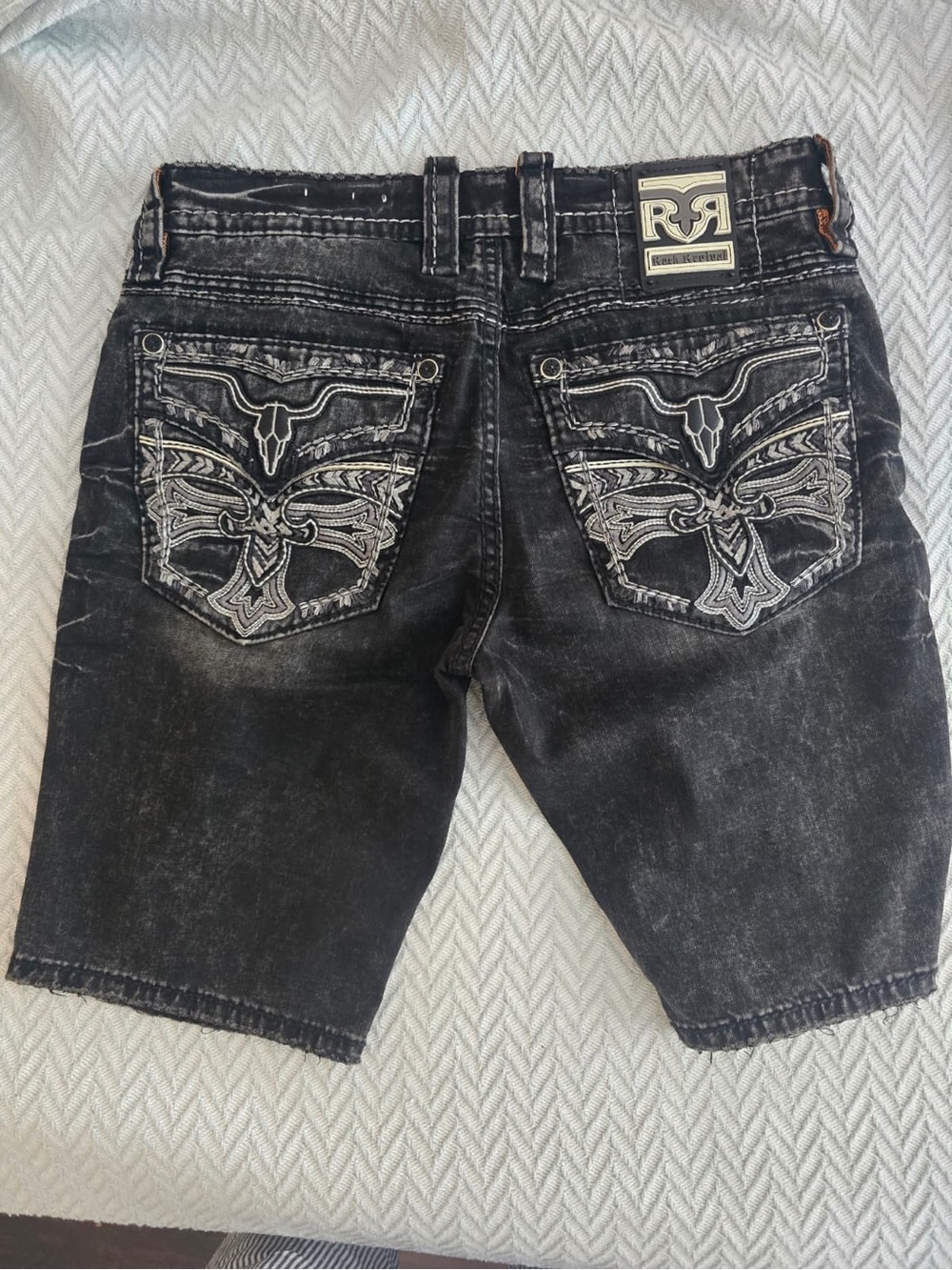 Rock Revival Black Washed Embroidered Men's Jean Shorts. Like New